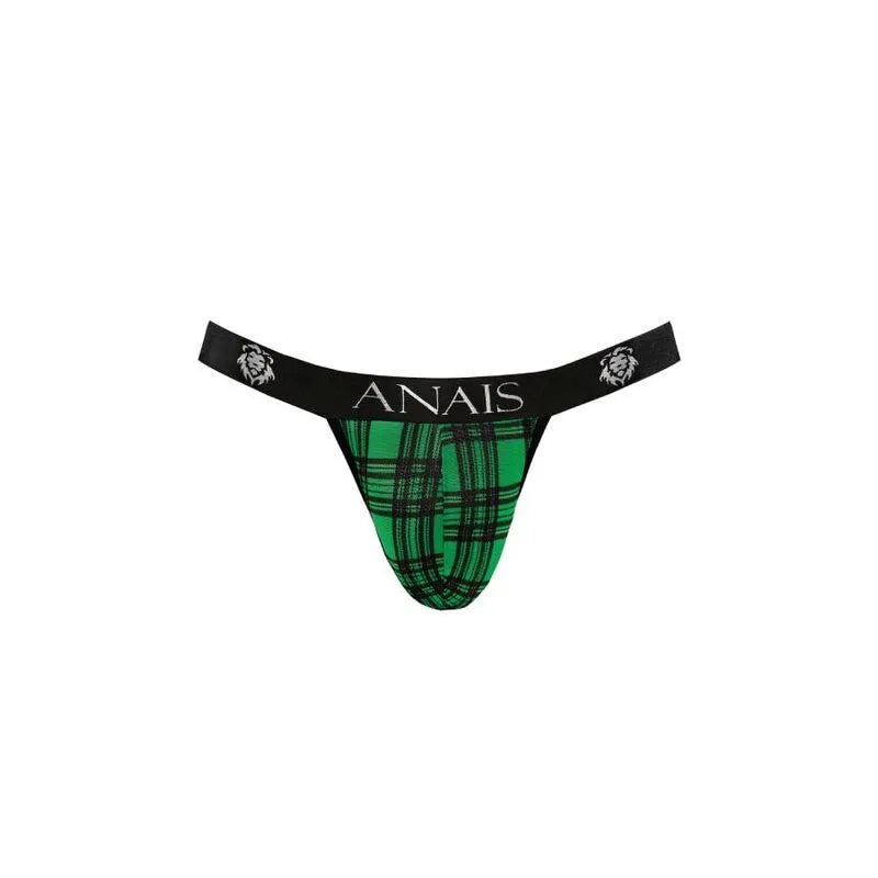 Jockstrap vert à carreaux noirs Anais, bande élastique noire avec logo, coupe sexy et confortable pour hommes.