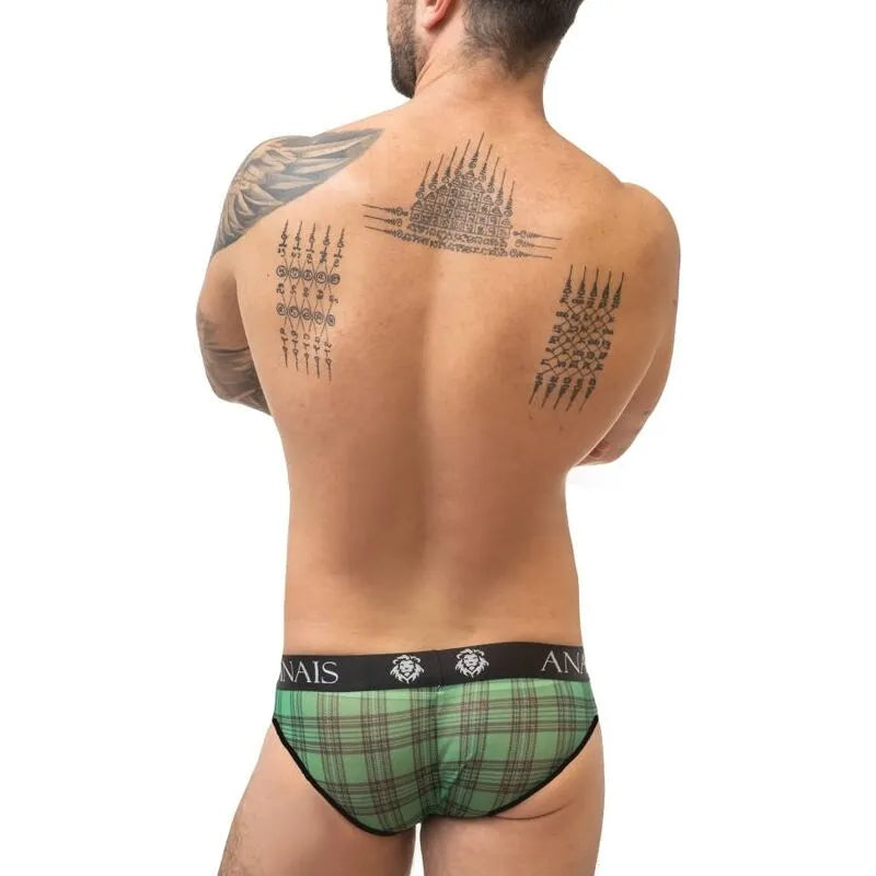 Slip homme sexy à carreaux verts et noirs, bande élastique noire avec logo Anais, ajustement parfait et confortable.