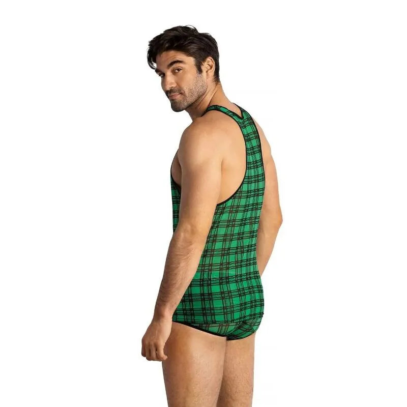 Homme portant un débardeur et slip à carreaux verts et noirs, en lycra doux, de la collection Anais Men - Magic Top.
