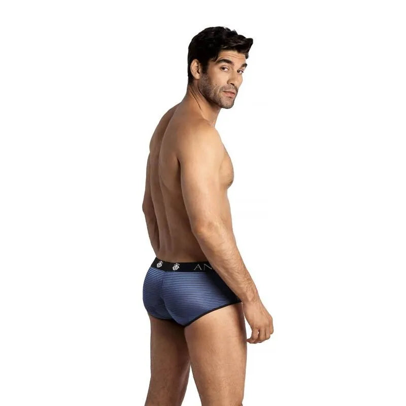 Boxer homme Anais Men en tulle noir à rayures satinées bleu marine, coupe sportive, ajustement parfait.