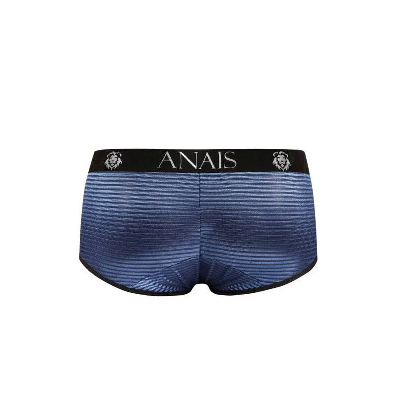 Boxer homme Anais en tulle noir à rayures satinées bleu marine, coupe sportive, ajustement parfait.