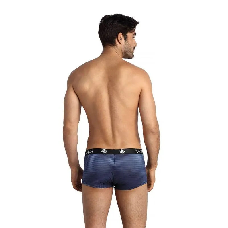 Boxer homme noir à rayures satinées bleu marine, coupe sportive, ajustement parfait, Anais Apparel.