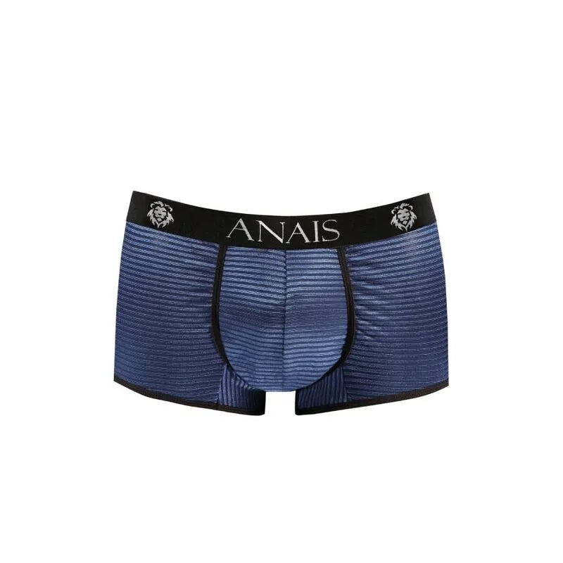 Boxer homme Anais Naval, tulle noir à rayures satinées bleu marine, coupe sportive, ajustement parfait.