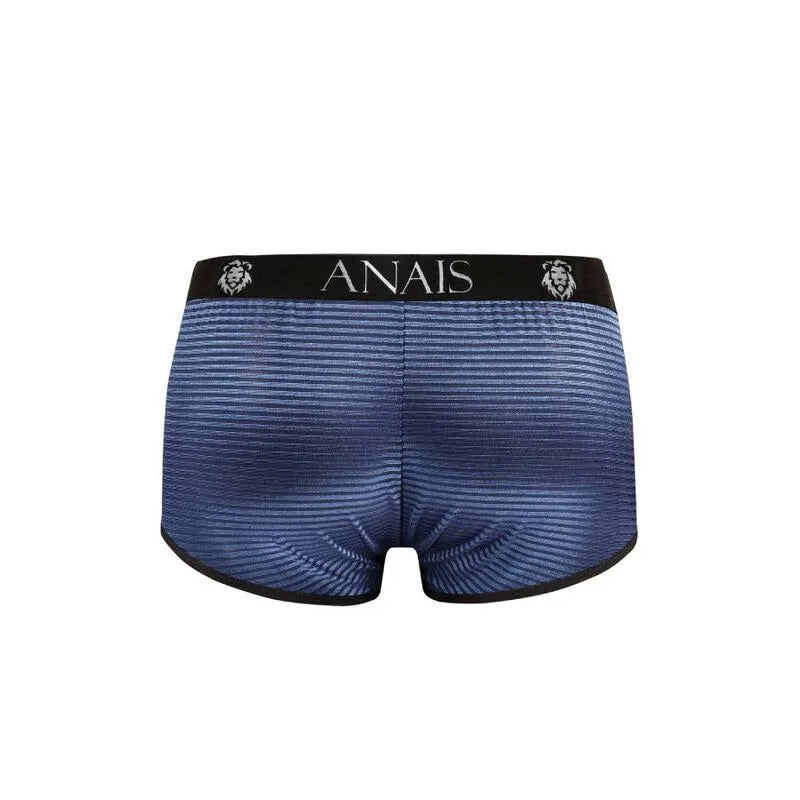 Boxer homme Anais Men en tulle noir à rayures satinées bleu marine, coupe sportive, ajustement parfait.