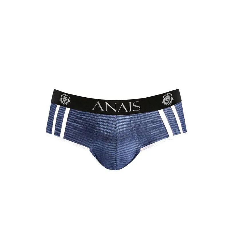 Slip bikini homme Anais bleu marine à rayures satinées, fesses ouvertes, tulle noir, coupe audacieuse, sexy et élégant.