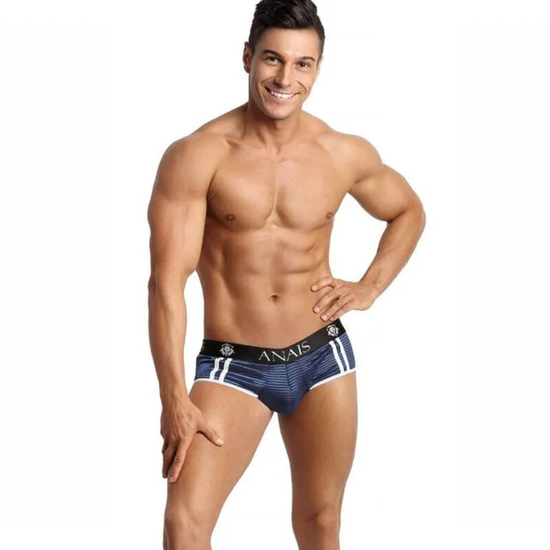 Slip bikini homme Anais bleu marine à rayures satinées, coupe audacieuse, fesses ouvertes, tulle noir, élégant et sexy.