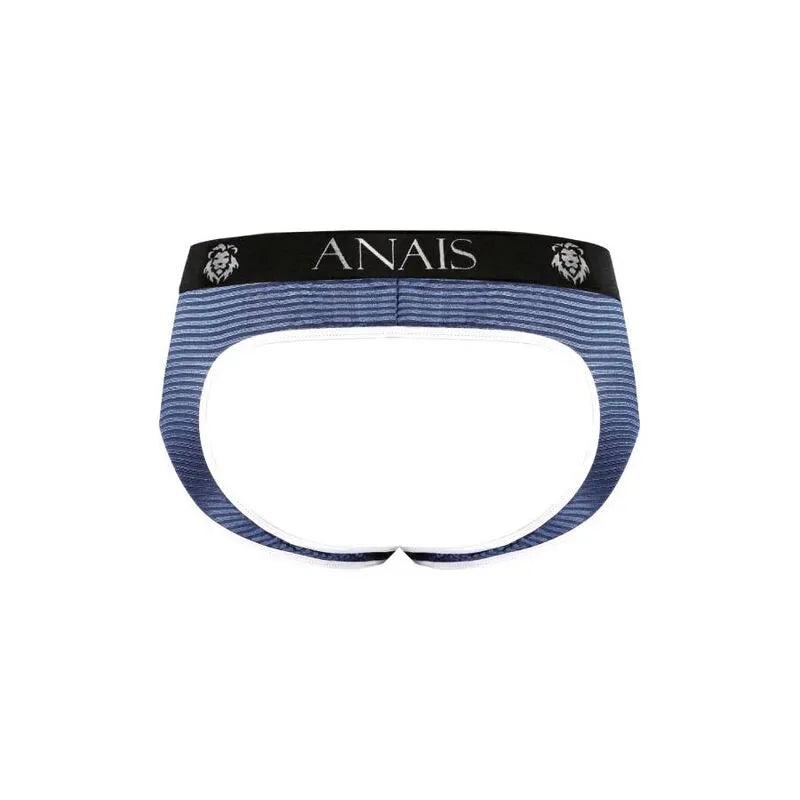 Slip bikini homme Anais, tulle noir rayé bleu marine, coupe audacieuse, fesses ouvertes, style séduisant et moderne.
