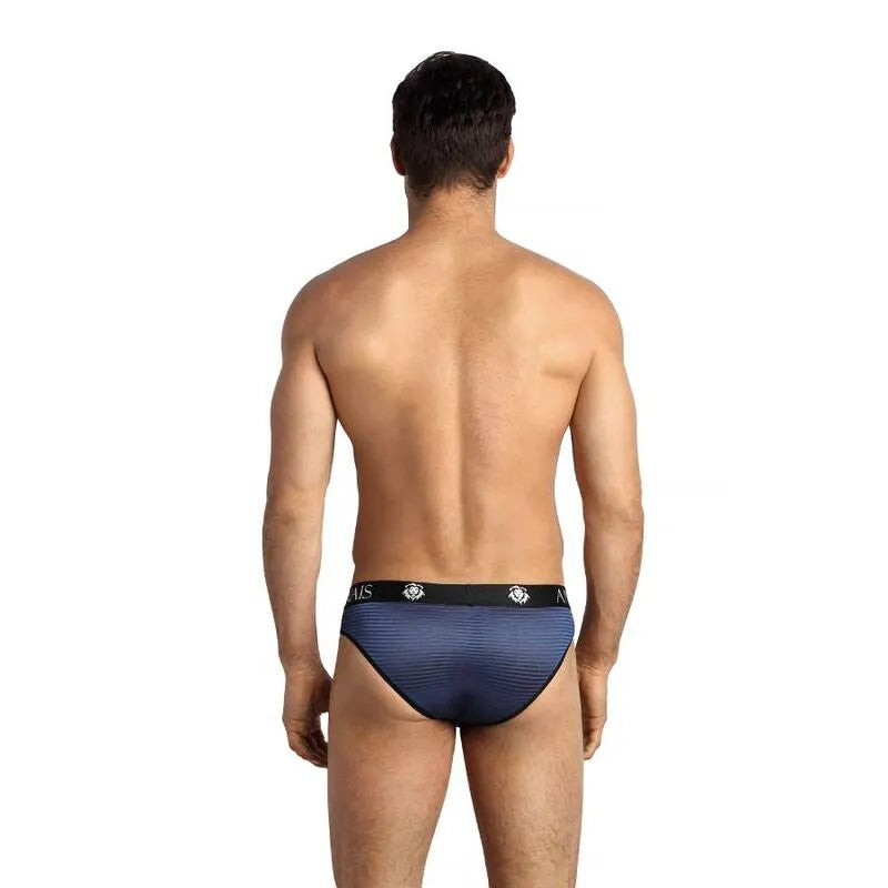 Slip homme sexy en tulle noir à rayures satinées bleu marine, bande élastique, confort optimal, 94% polyamide, 6% élasthanne.
