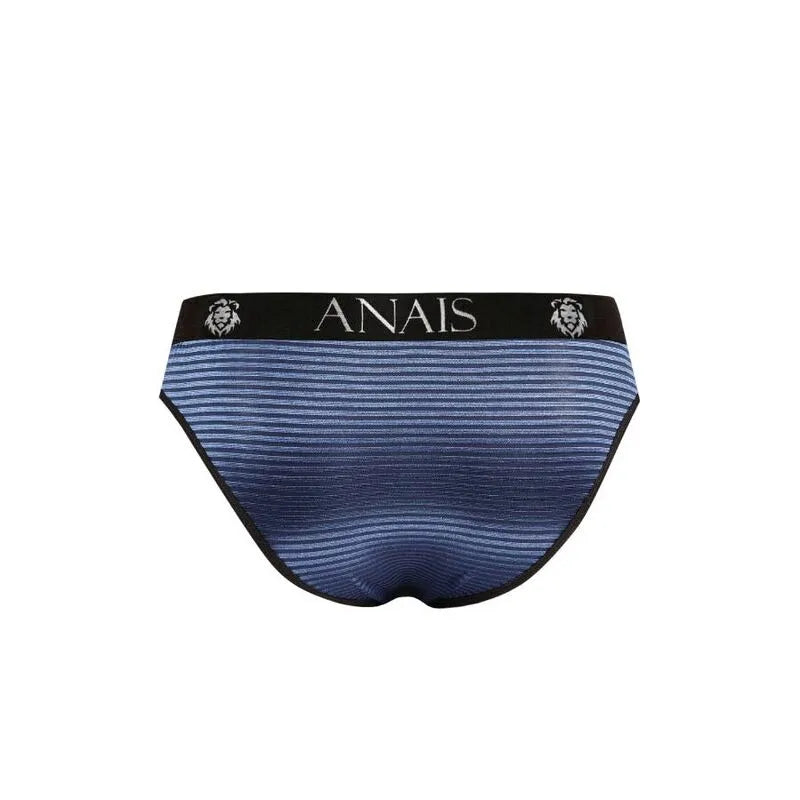 Slip homme ANAIS MEN NAVAL, tulle noir à rayures satinées bleu marine, bande élastique noire avec logo, style élégant.
