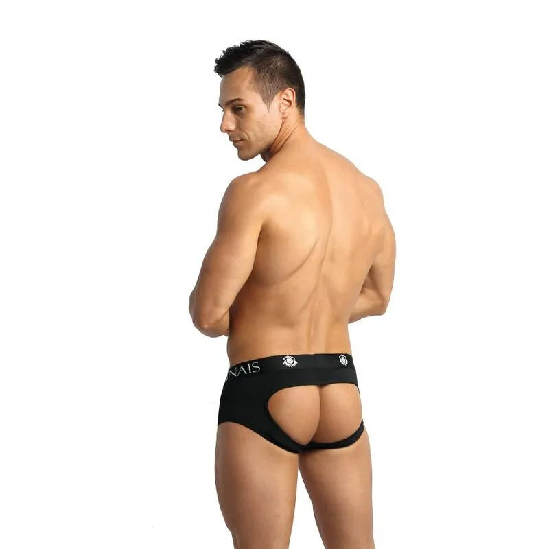 Bikini jock noir pour homme, ouvert à l'arrière, en microfibre douce, soulignant les fesses, Anais Apparel.