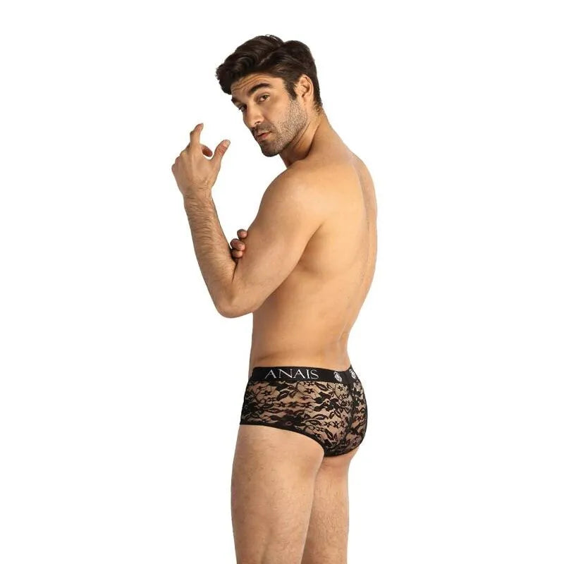 Culotte homme noire en dentelle florale, coupe sportive, ajustement parfait, Anais Men Romance.