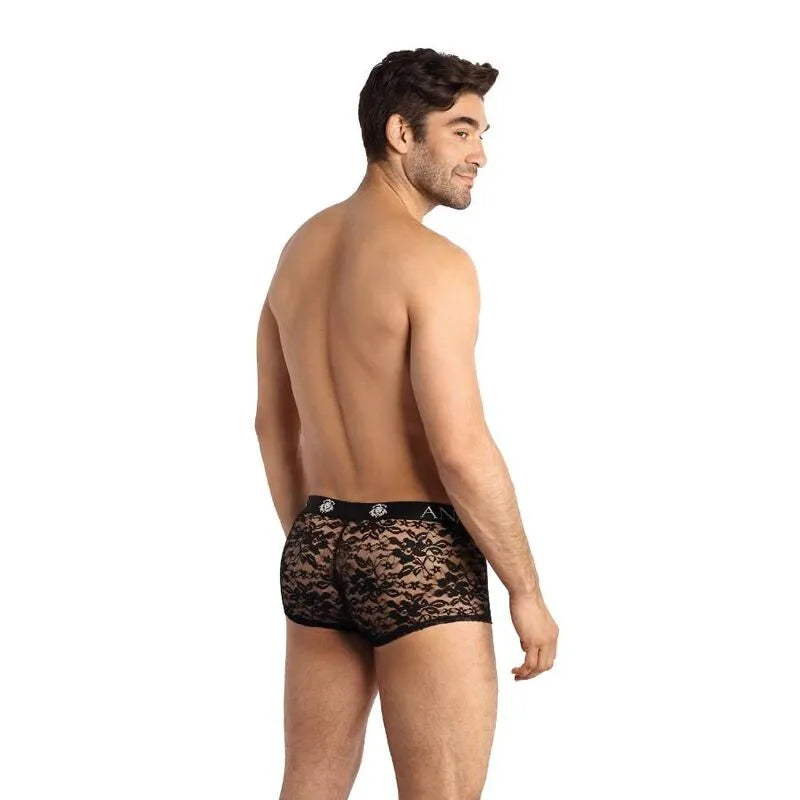 Boxer homme noir en dentelle florale, coupe sportive, ajustement parfait, Anais Apparel.