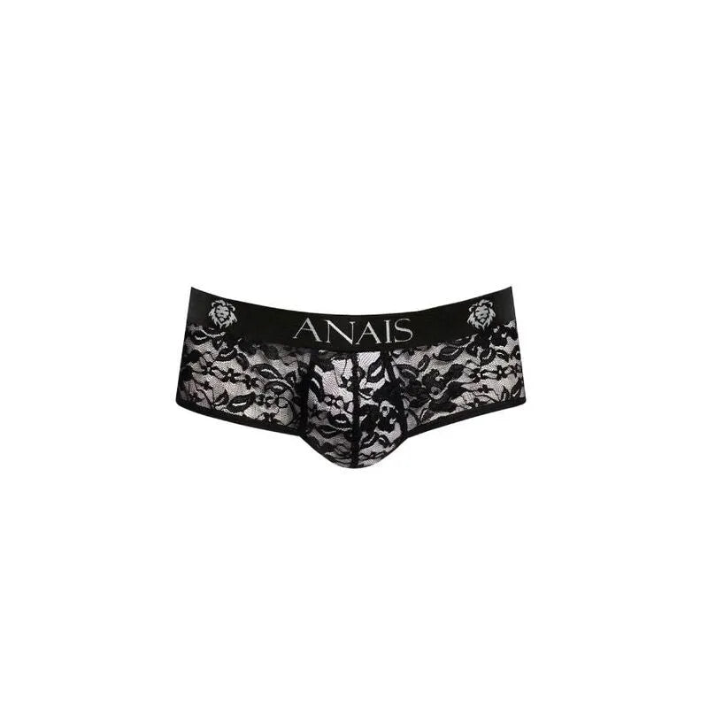 Bikini jock homme Anais en dentelle noire florale, coupe audacieuse, fesses ouvertes, polyester et lycra.