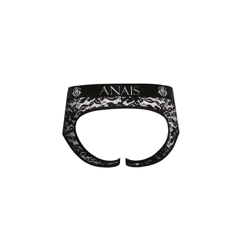Bikini jock noir en dentelle florale Anais, coupe audacieuse révélant les fesses, élégant et séduisant pour hommes.