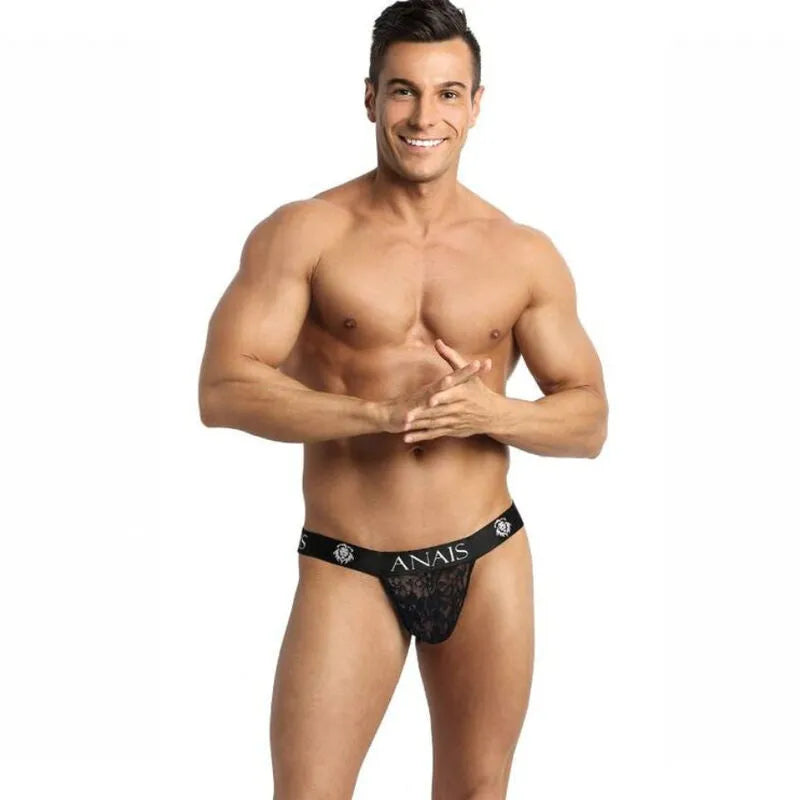 Jockstrap homme noir dentelle florale, coupe audacieuse, ajustement parfait, marque Anais visible sur la ceinture.