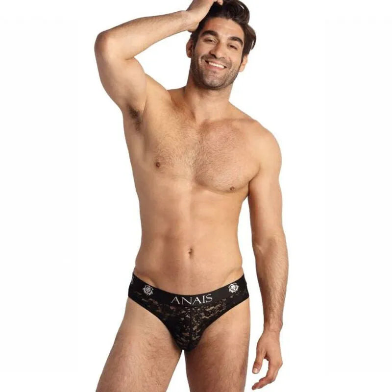 Slip homme noir en dentelle florale, bande élastique à la taille, design sexy et confortable, Anais Men Romance.