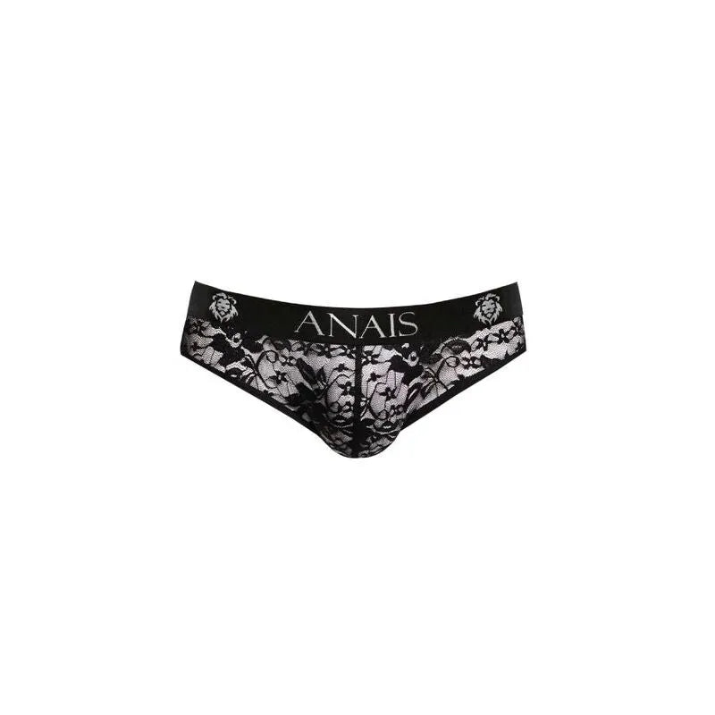 Slip homme noir en dentelle florale, bande élastique large, design sexy et confortable, Anais Apparel.