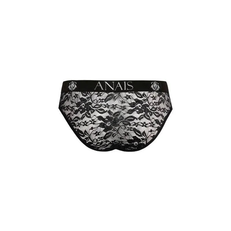 Slip homme noir en dentelle florale, bande élastique à la taille, design sexy et confortable, Anais Apparel.
