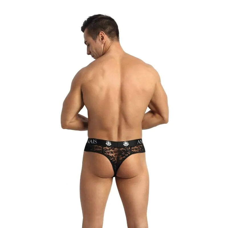 String homme noir en dentelle florale, élastique délicat, ajustement parfait, confort et séduction raffinée.