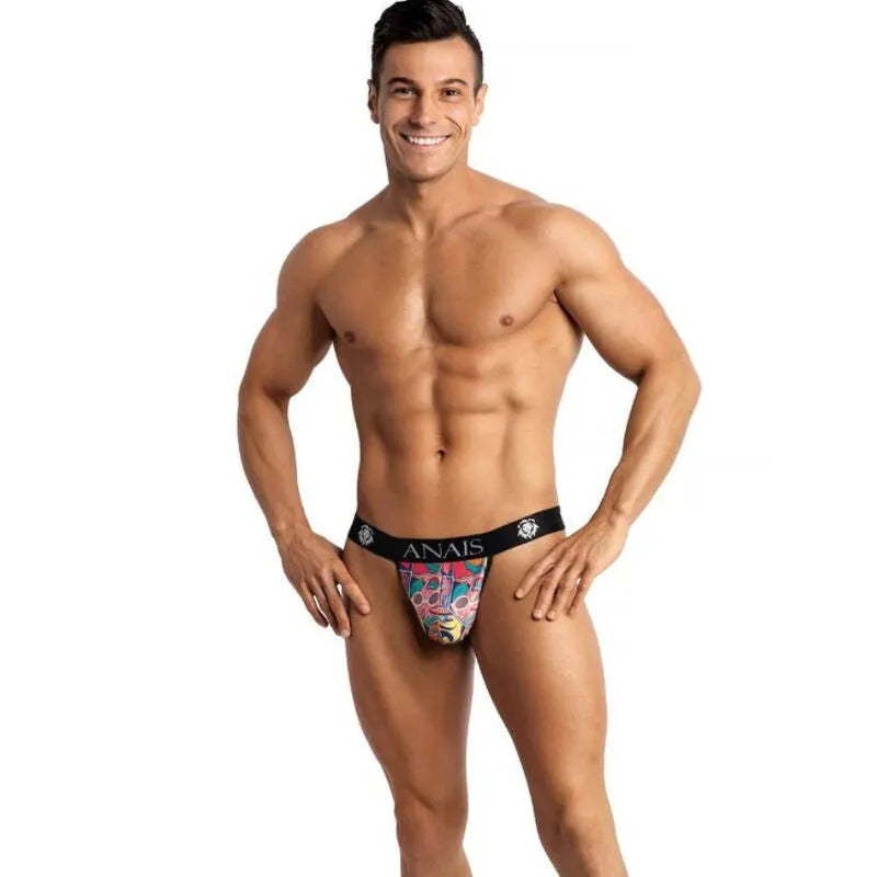 Jockstrap homme Anais Comics, motif bande dessinée colorée, coupe audacieuse, élastique noir, ajustement parfait.
