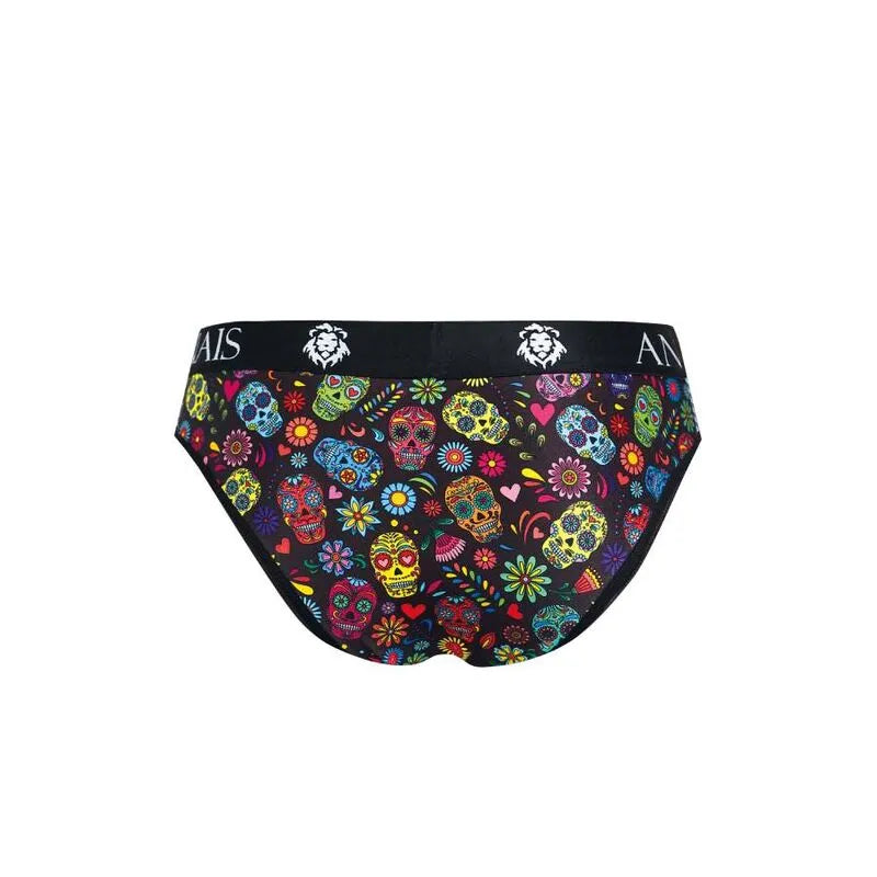 Slip homme coloré avec motifs de crânes mexicains, ceinture élastique noire, design sexy et confortable par Anais Apparel.