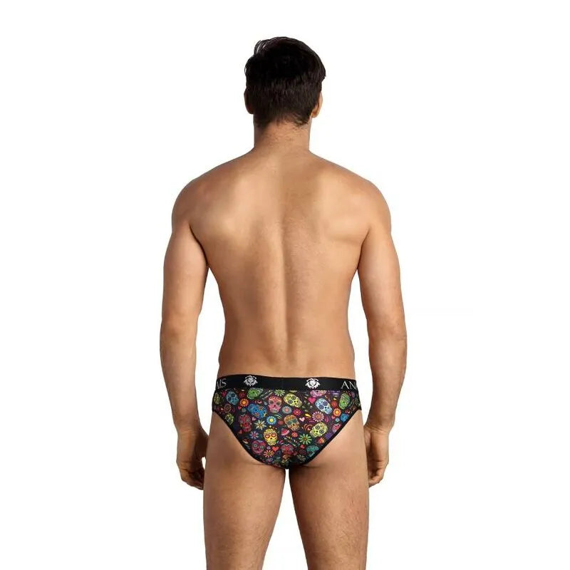 Slip homme coloré Anais Men Mexico, coupe ajustée, bande élastique noire à la taille, motifs crânes mexicains.