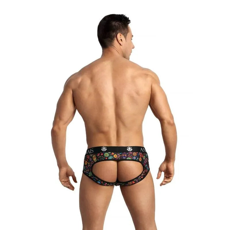 Slip bikini homme noir à motifs colorés, coupe audacieuse avec fesses ouvertes, Anais Men, lingerie sexy et ludique.