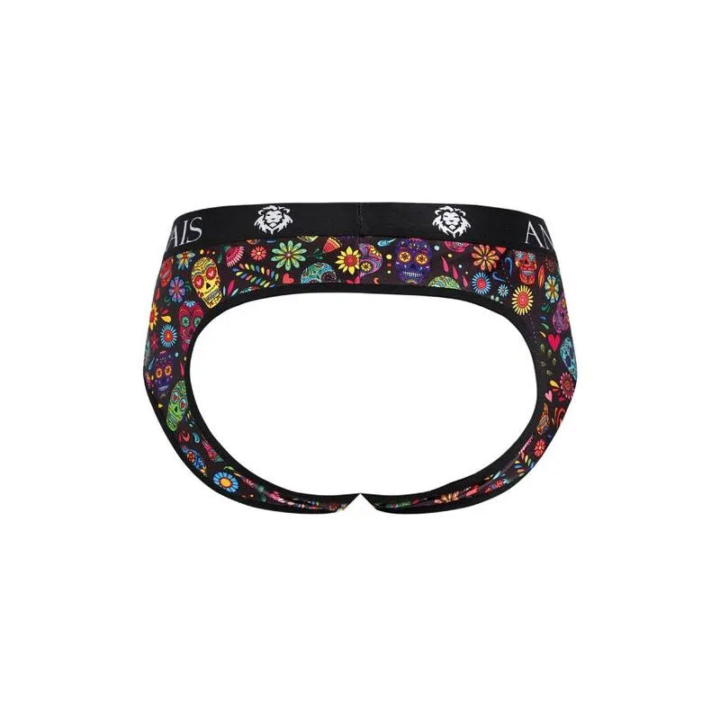 Slip bikini homme coloré avec motifs mexicains, fesses ouvertes, en polyamide et élasthanne, coupe audacieuse et ludique.