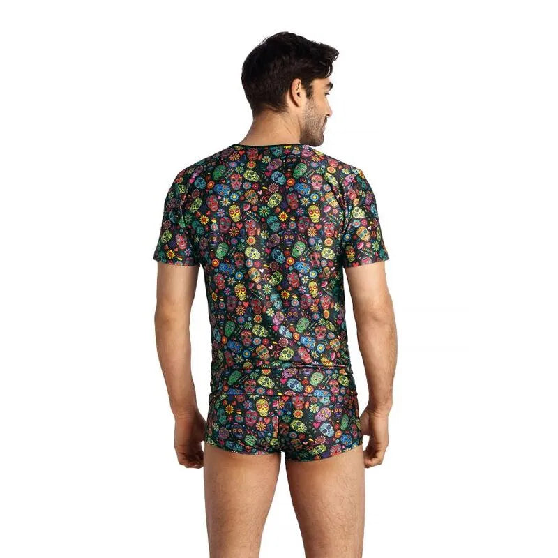 T-shirt homme ajusté coloré motif crânes mexicains, Anais Apparel, vue arrière.