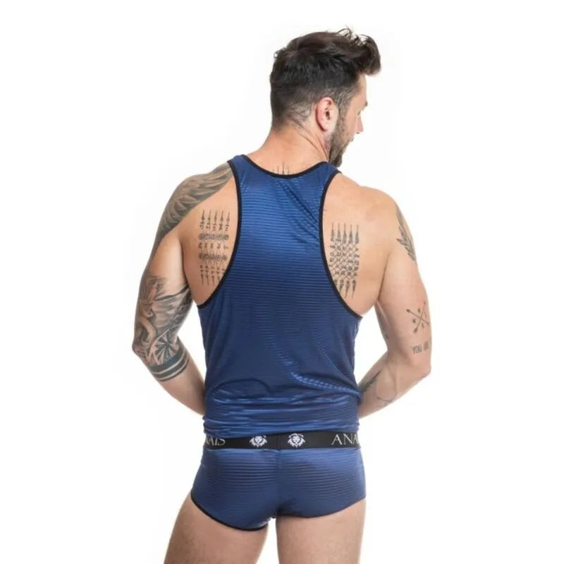 Top sans manches en tulle noir à rayures satinées bleu marine, ajustement parfait, composition 94% polyamide, 6% élasthanne.