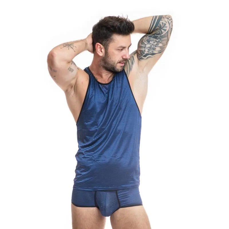 Top sans manches ANAIS MEN en tulle noir à rayures bleu marine, ajusté, 94% polyamide, 6% élasthanne.