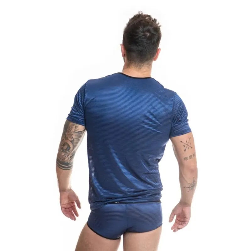 T-shirt homme ajusté en tulle noir à rayures bleu marine, vue de dos, style moderne et élégant, Anais Apparel.