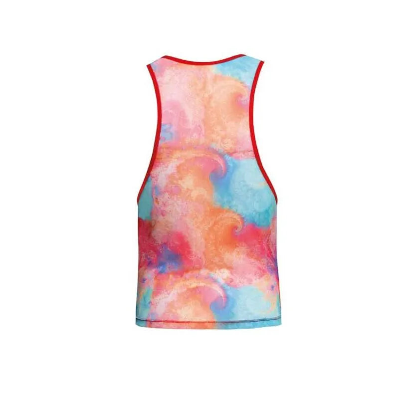 Débardeur homme coloré avec imprimé bananes, lycra doux, bande élastique rouge, coupe ajustée, Anais Apparel.
