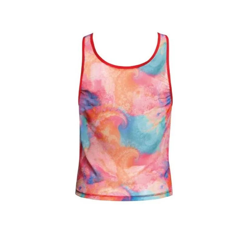 Débardeur homme coloré en lycra doux, imprimé bananes, bande élastique rouge, confort optimal, Anais Men Falcon Top.