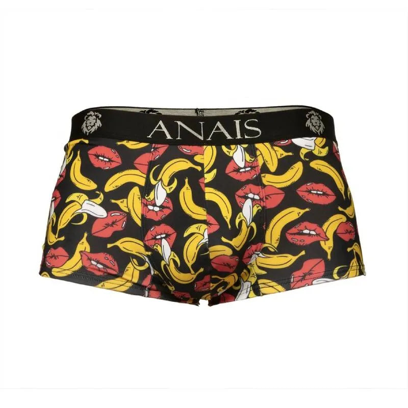 Boxer homme Anais noir imprimé bananes jaunes et lèvres rouges, coupe sportive, ajustement parfait, matière douce.