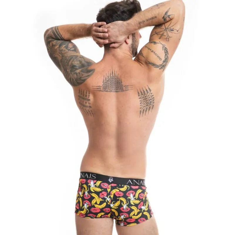 Boxer homme noir imprimé bananes, coupe sportive, jambes longues, ajustement parfait, Anais Apparel.