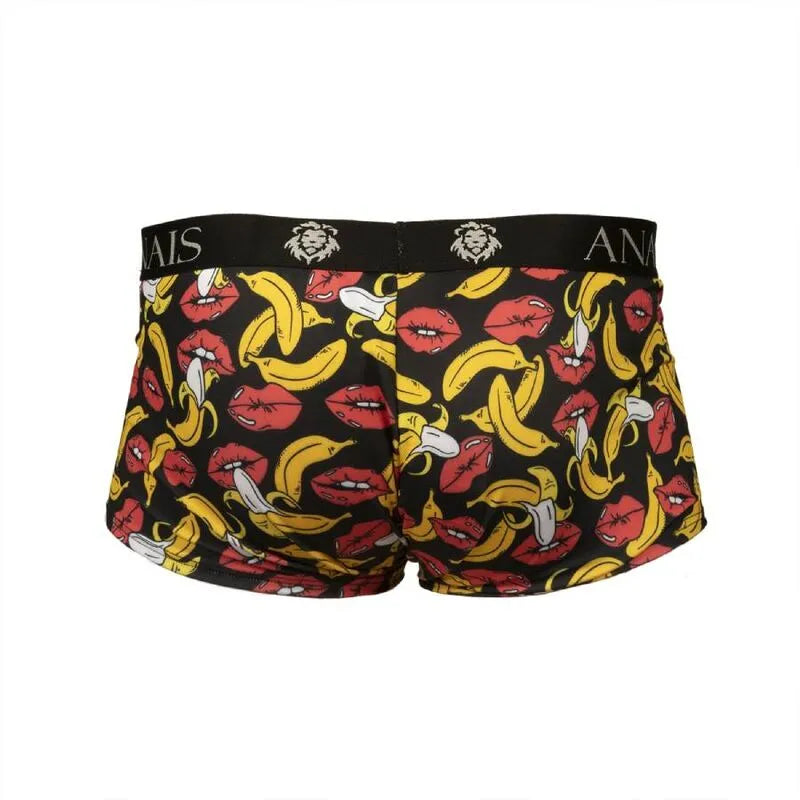 Boxer homme Anais, imprimé bananes et lèvres rouges, fond noir, coupe sportive, jambes longues, lycra doux.