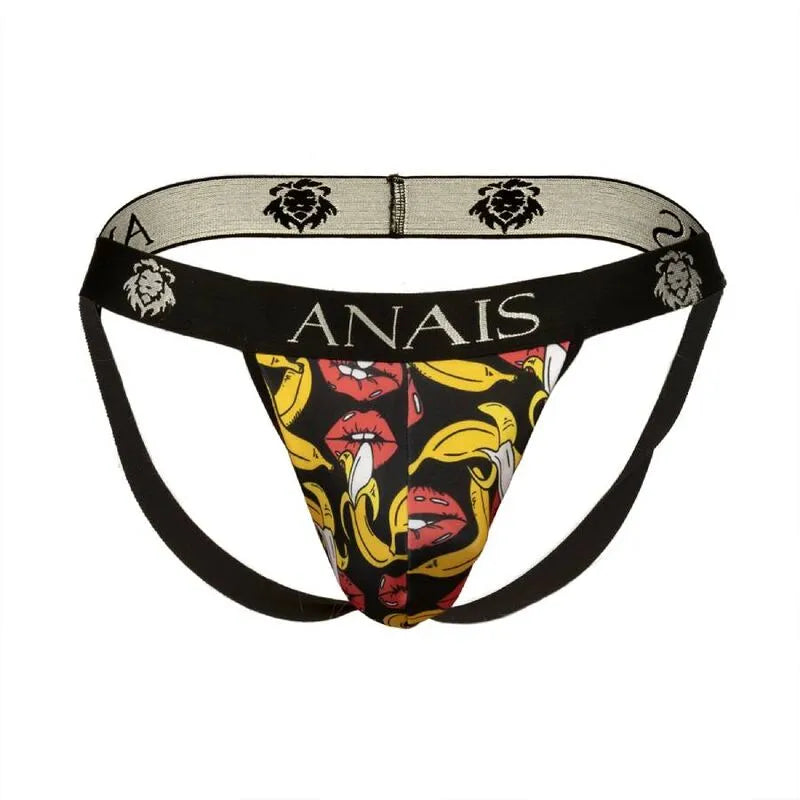 Jockstrap homme Anais, imprimé bananes, lycra doux, coupe audacieuse, ceinture noire, design ludique et révélateur.