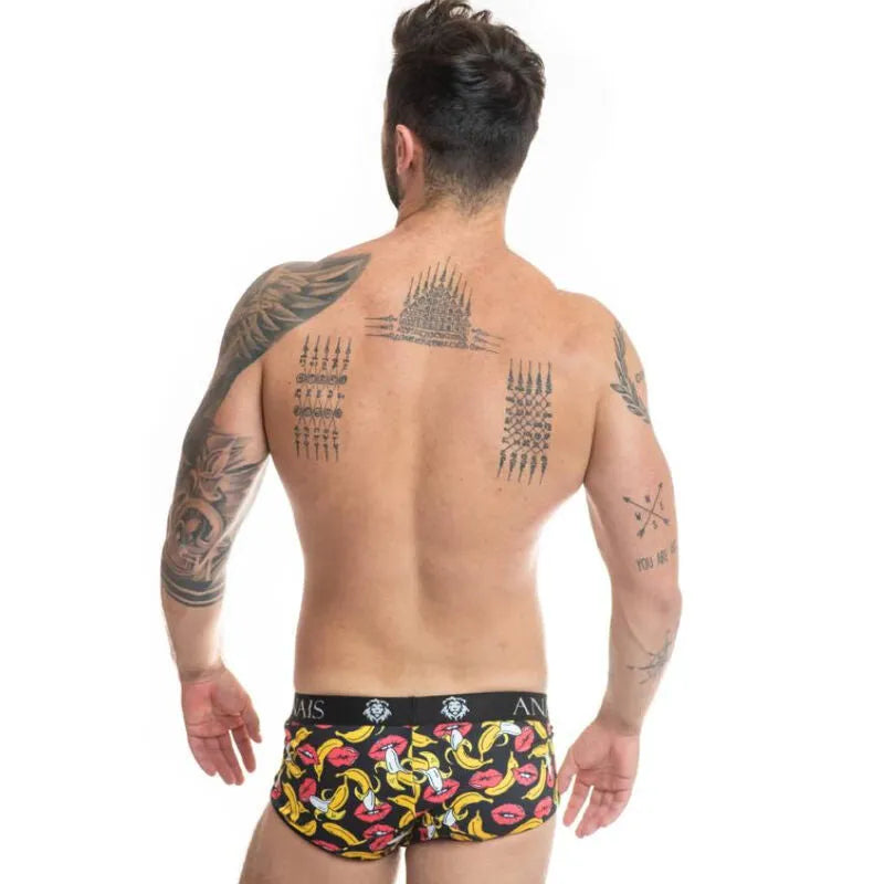 Slip homme Anais Men avec imprimé bananes, coupe sportive, lycra doux, ajustement parfait, fond noir.
