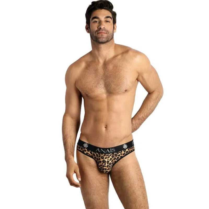 Slip homme imprimé animal, taille basse, bande élastique noire avec logo Anais, microfibre douce et confortable.