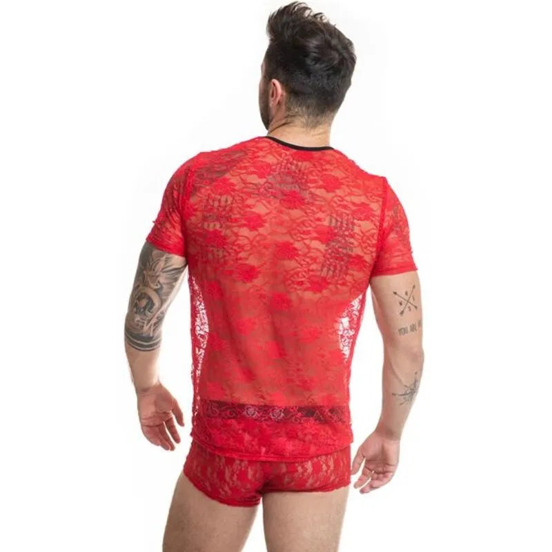 T-shirt homme en dentelle rouge à imprimé fleuri, ajusté au corps, vue de dos, style élégant et moderne.