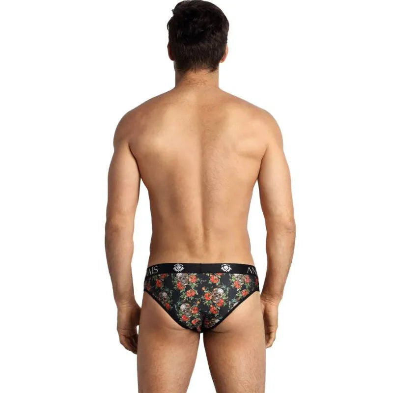 Slip homme ANAIS MEN noir avec imprimé roses et têtes de mort, bande élastique à la taille, coupe ajustée et confortable.
