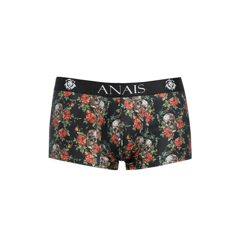 Boxer homme ANAIS MEN, imprimé roses et têtes de mort, modal clair, coupe sportive, jambes longues, taille élastique noire.