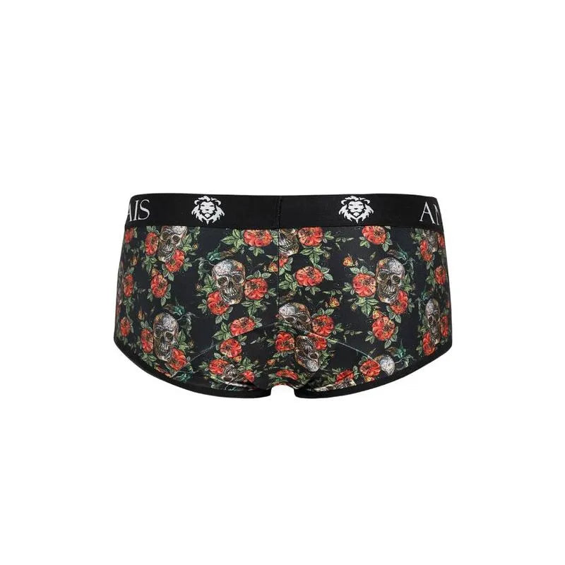 Boxer homme Anais Men Power Brief, imprimé roses et têtes de mort, fond noir, coupe sportive, jambes courtes.