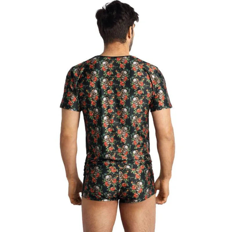 T-shirt homme ANAIS MEN noir avec imprimé roses et têtes de mort, ajusté, matière douce et extensible.