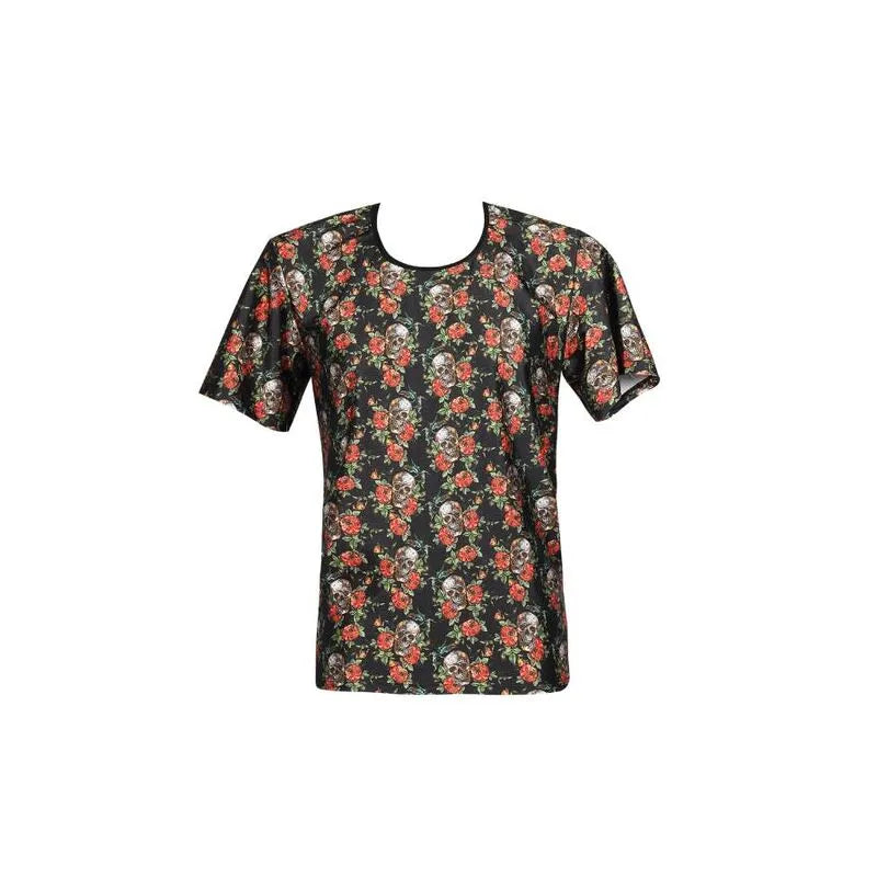 T-shirt homme clair avec imprimé roses et têtes de mort, ajusté, modal doux, Anais Apparel.