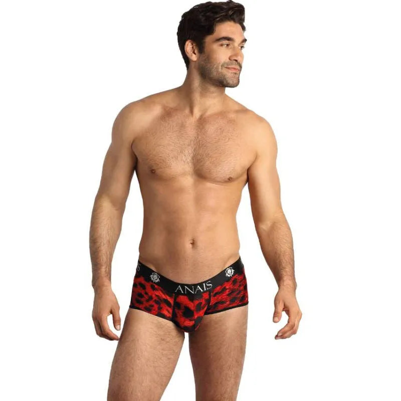 Slip homme rouge imprimé animal, microfibre douce, coupe sportive, Anais Apparel, ajustement parfait, lingerie sexy.