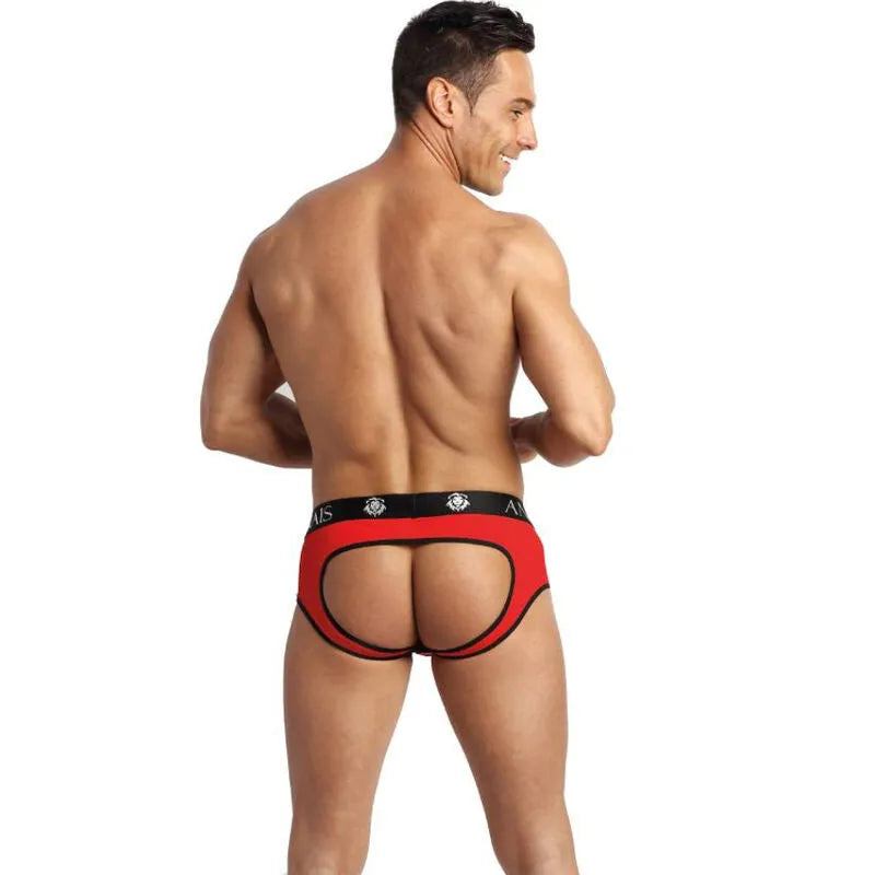 Bikini homme rouge en microfibre avec bordure noire, fesses ouvertes, coupe audacieuse, Anais Apparel.