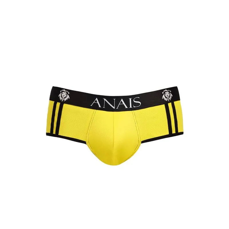 Slip bikini jaune Tokyo Anais Men, fesses ouvertes, coupe audacieuse, polyamide et élasthanne, ceinture noire.