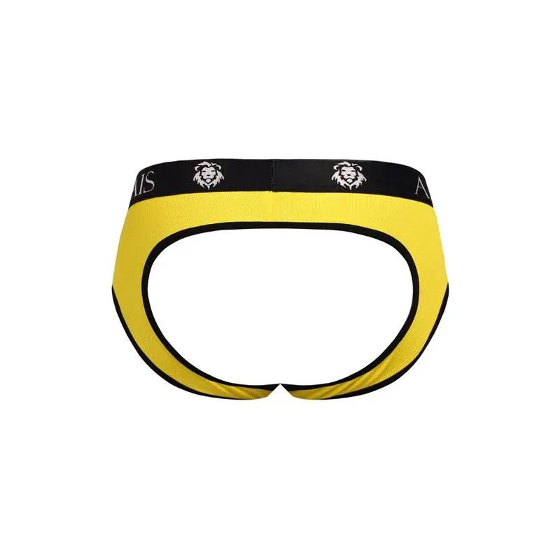 Slip bikini jaune Tokyo Anais Men, fesses ouvertes, bordure noire, design audacieux et ludique, matière douce et élastique.